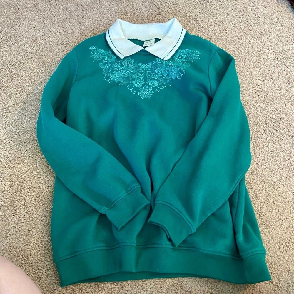 Vintage Blair Blue Green Embroidered Floral Print Grandma Sweater/Sweatshirt